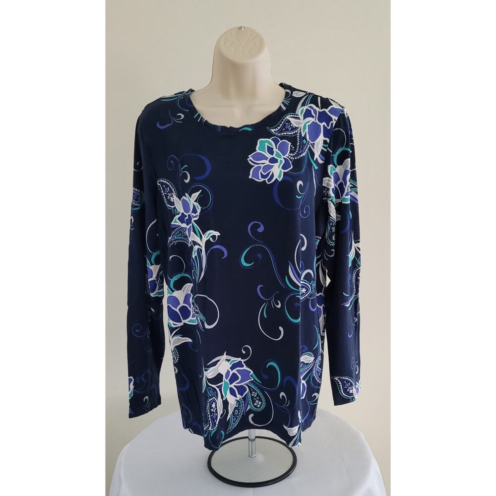 CHICOS Navy Touch of Cool Blossoms Floral Knit Long Sleeve Top -- Sz 2/Lg